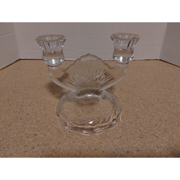 Jeanette Sunburst Clear Pressed Glass Double Candle Holder - Picture 3 of 6